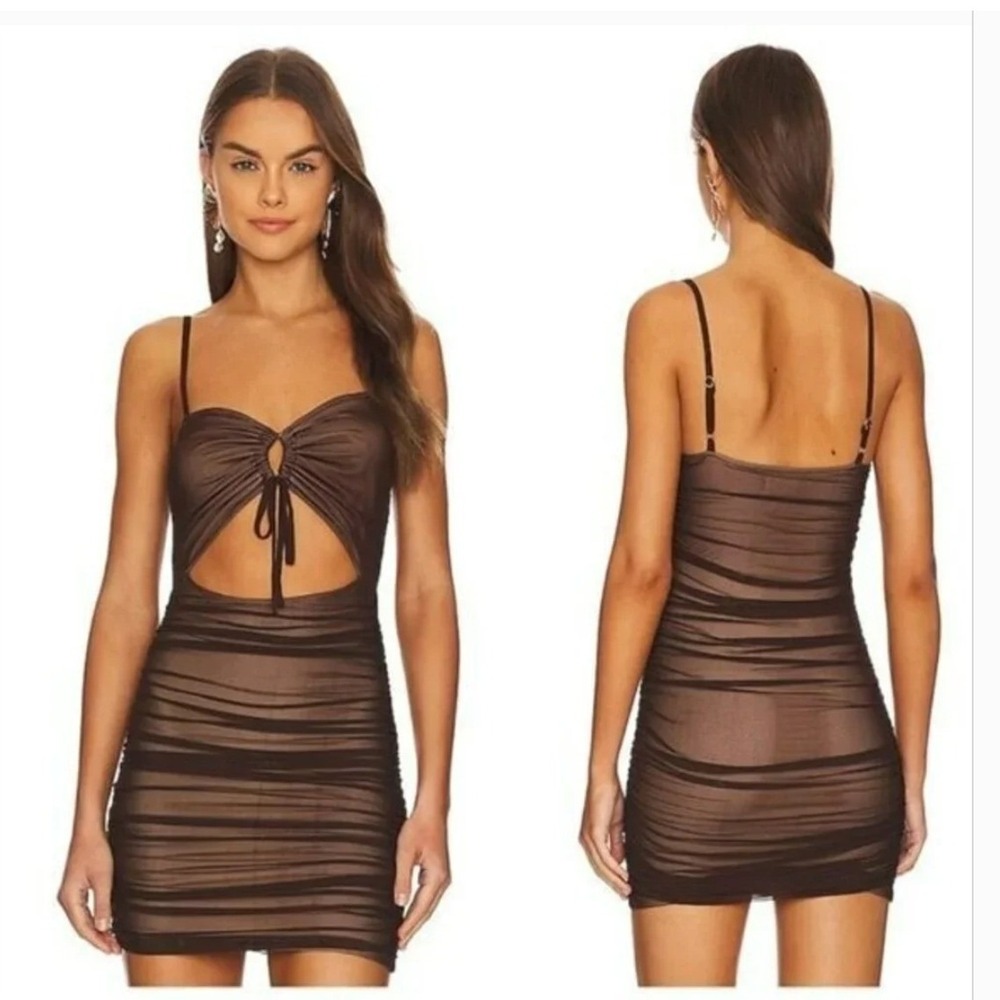 Superdown Harlow Mesh Overlay Bodycon Dress Size XXS Chocolate Brown Date Night